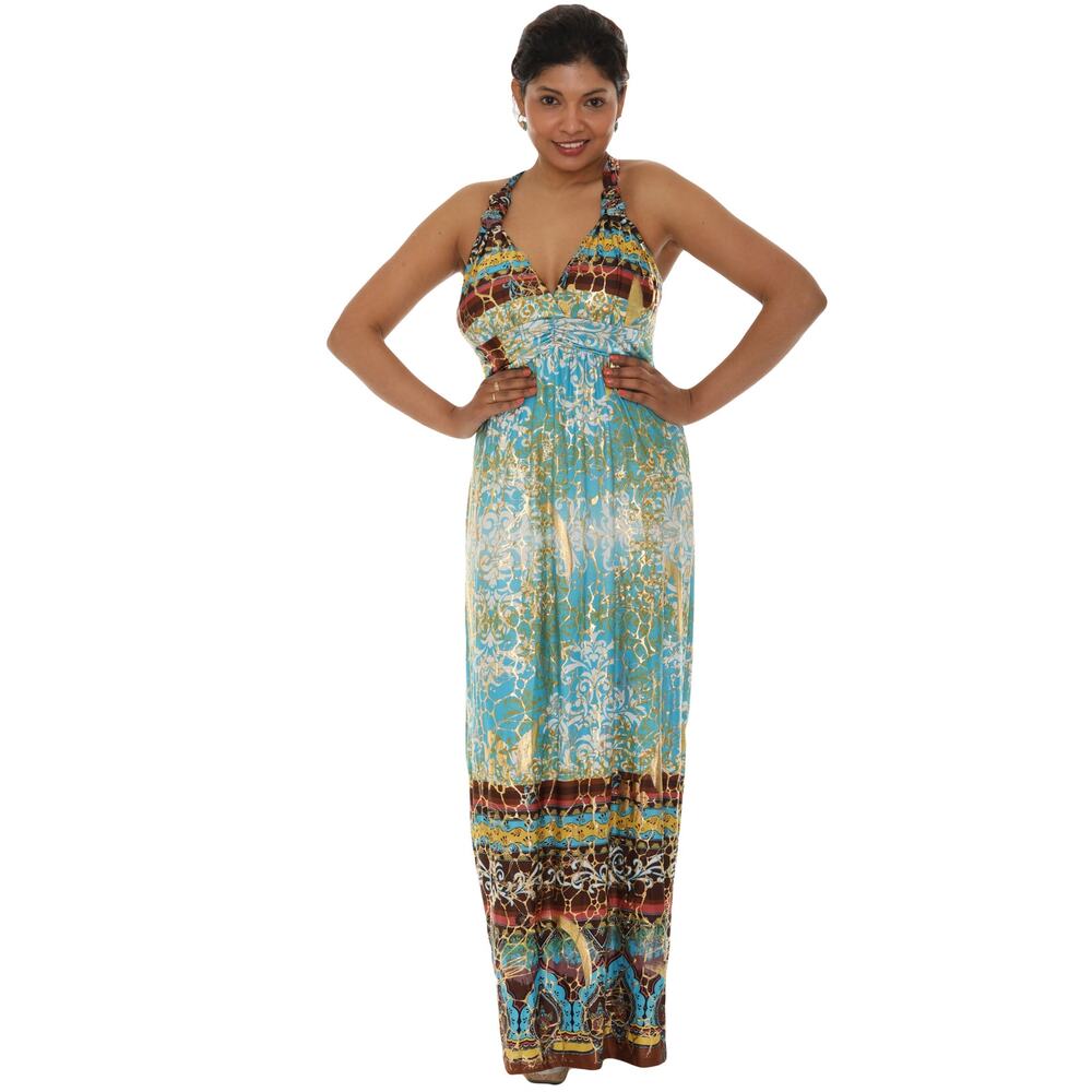 NWT SHORELINE Dress 2XL Turquoise Gold-Shiny Floral Rush V Maxi Liquid Stretchy